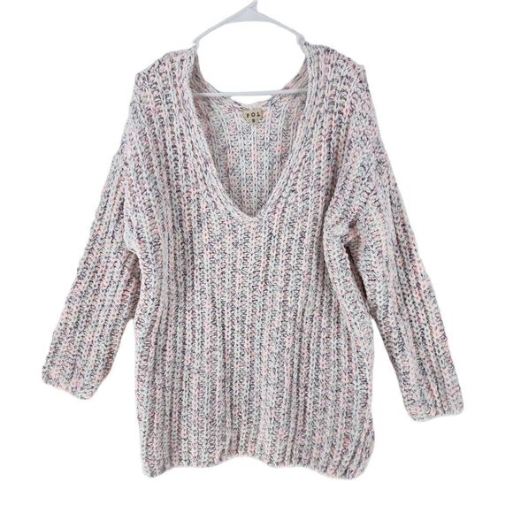 POL Women's Drop Shoulder V-Neck Knit Pull Over Chunky Sweater - Picture 1 of 6